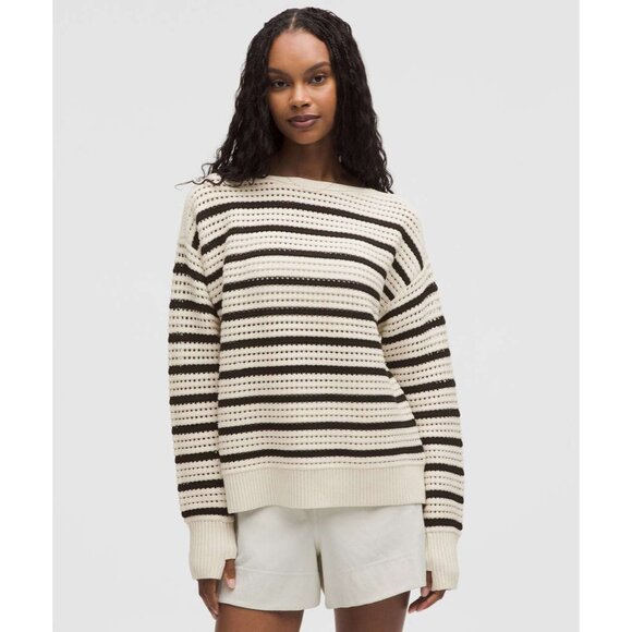 Lululemon Cotton Crochet Pullover Sweater Light Ivory/Black XL Open-Knit - Picture 1 of 2